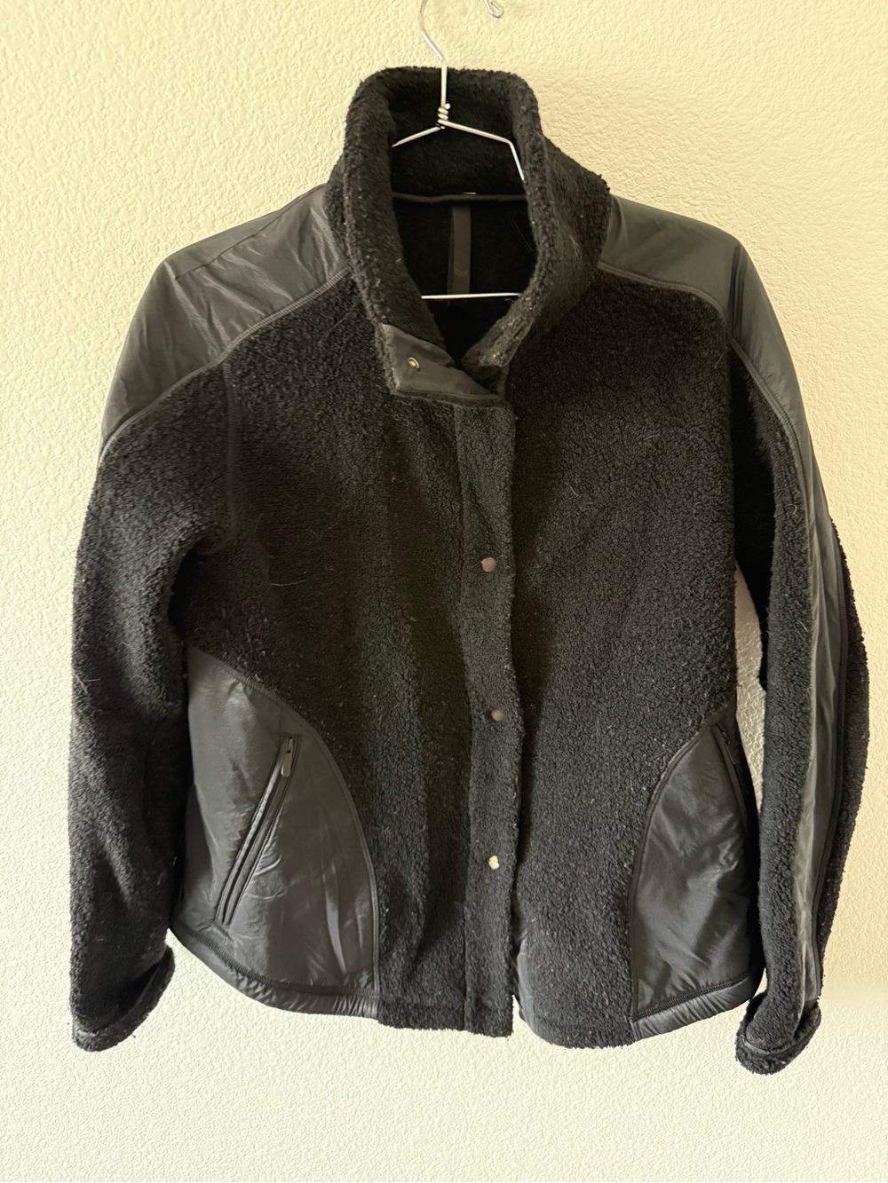 lululemon athletica Black Sherpa Jacket with Leather-Look Panels
